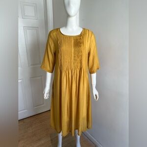 3 FAT MEN Marigold Yellow Midi Dress Short Sleeve Art to Wear Lagenlook sz M (2)